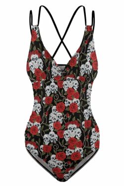 Y2K Gothic Skull Rose Push Up One Piece Swimsuit - Retro 90s Grunge Summer Beachwear