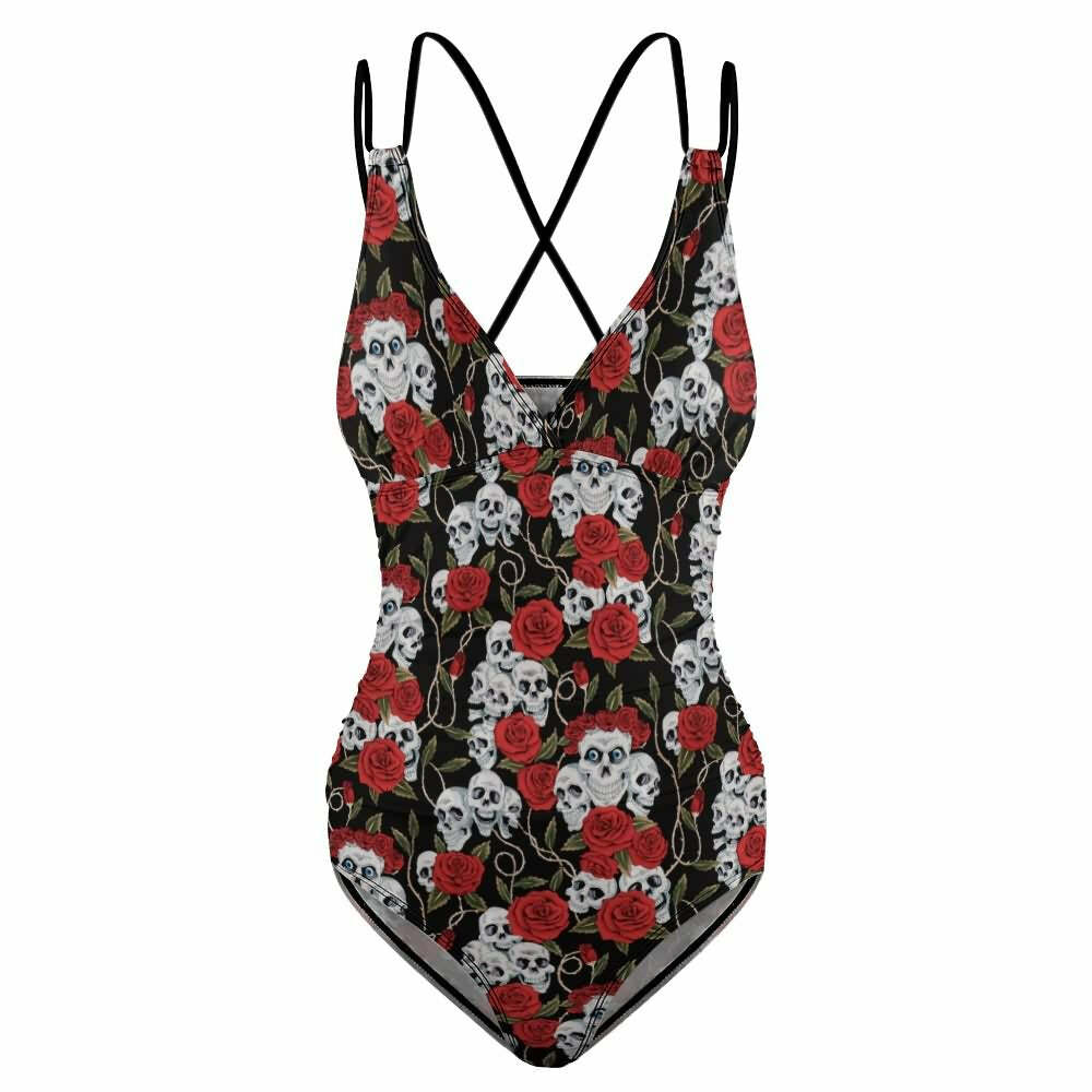 Y2K Gothic Skull Rose Push Up One Piece Swimsuit - Retro 90s Grunge Summer Beachwear