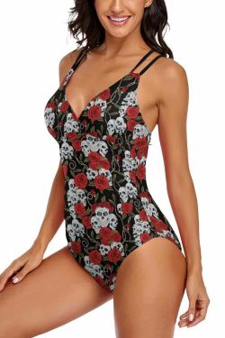 Y2K Gothic Skull Rose Push Up One Piece Swimsuit - Retro 90s Grunge Summer Beachwear