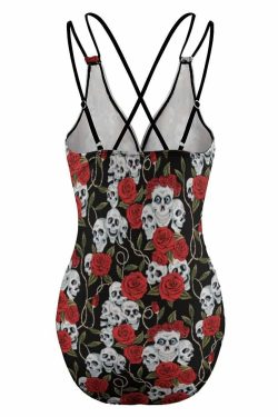 Y2K Gothic Skull Rose Push Up One Piece Swimsuit - Retro 90s Grunge Summer Beachwear