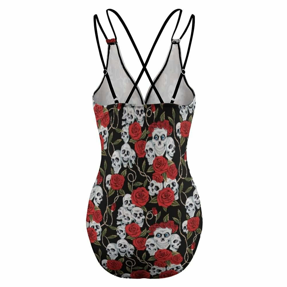 Y2K Gothic Skull Rose Push Up One Piece Swimsuit - Retro 90s Grunge Summer Beachwear