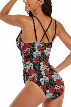Y2K Gothic Skull Rose Push Up One Piece Swimsuit - Retro 90s Grunge Summer Beachwear