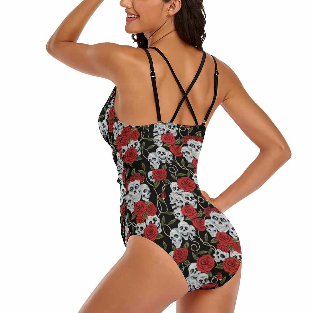 Y2K Gothic Skull Rose Push Up One Piece Swimsuit - Retro 90s Grunge Summer Beachwear