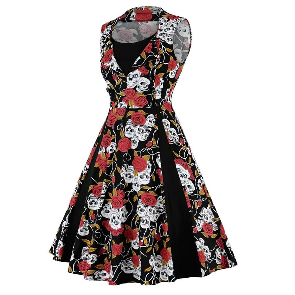 Y2K Gothic Skull Rose Sleeveless Long Dress - Perfect for 90s Grunge and Retro Party Outfits