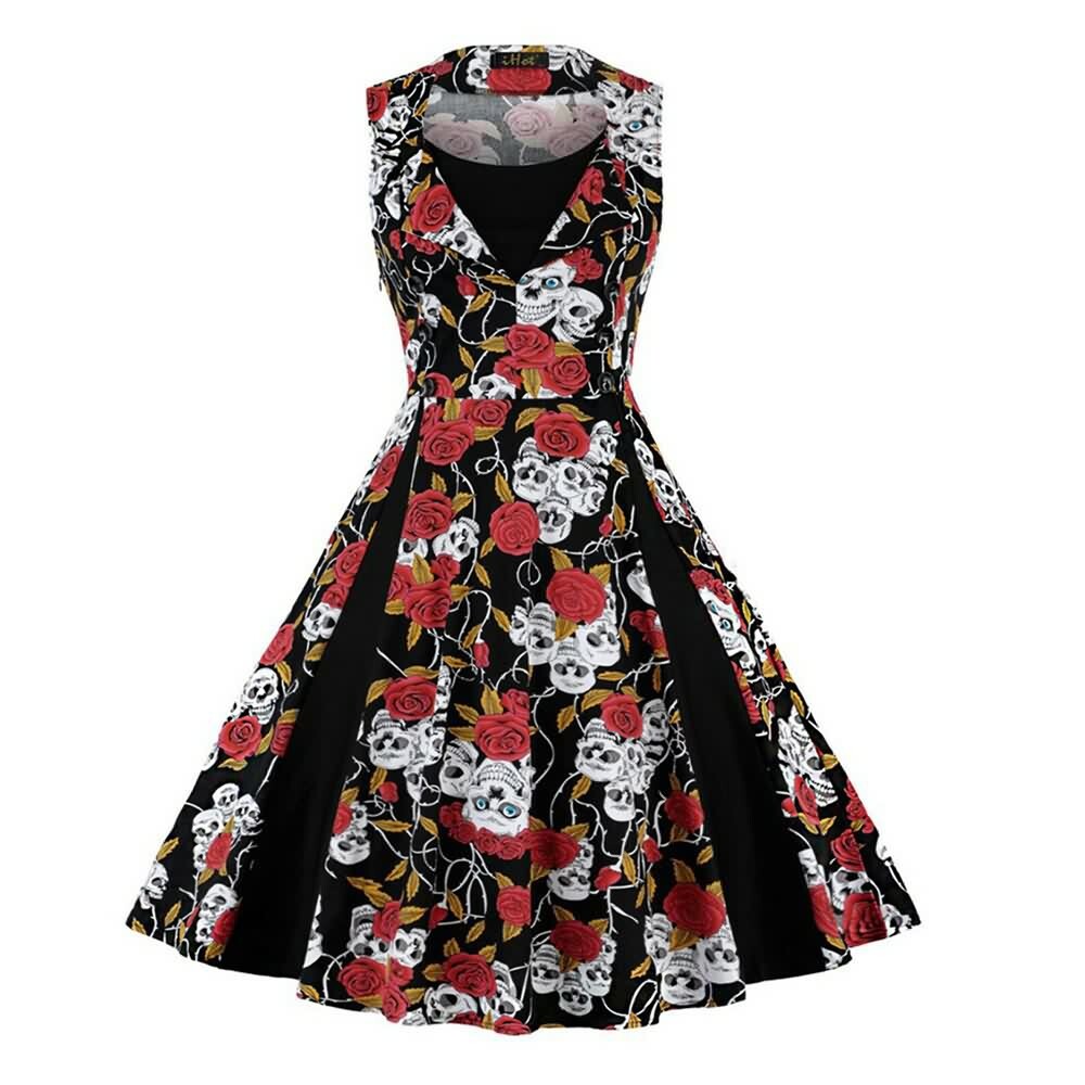 Y2K Gothic Skull Rose Sleeveless Long Dress - Perfect for 90s Grunge and Retro Party Outfits