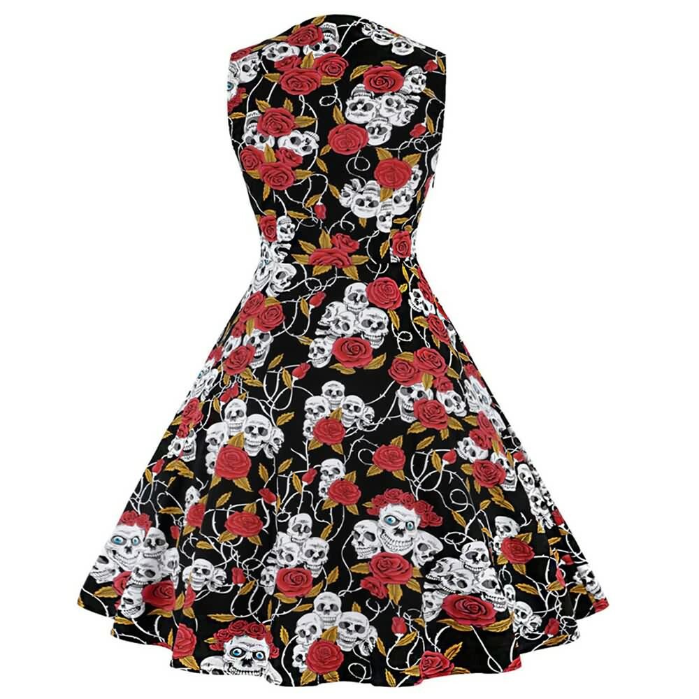 Y2K Gothic Skull Rose Sleeveless Long Dress - Perfect for 90s Grunge and Retro Party Outfits