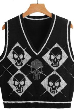 Y2K Gothic Skull Sweater Vest - Retro 90s Grunge Fashion, Perfect for Y2K Summer Outfits