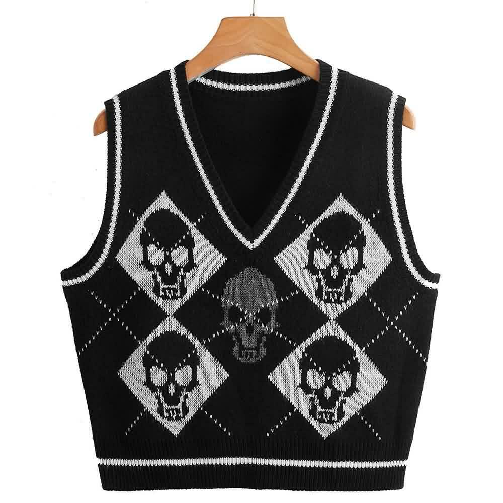 Y2K Gothic Skull Sweater Vest - Retro 90s Grunge Fashion, Perfect for Y2K Summer Outfits