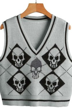 Y2K Gothic Skull Sweater Vest - Retro 90s Grunge Fashion, Perfect for Y2K Summer Outfits