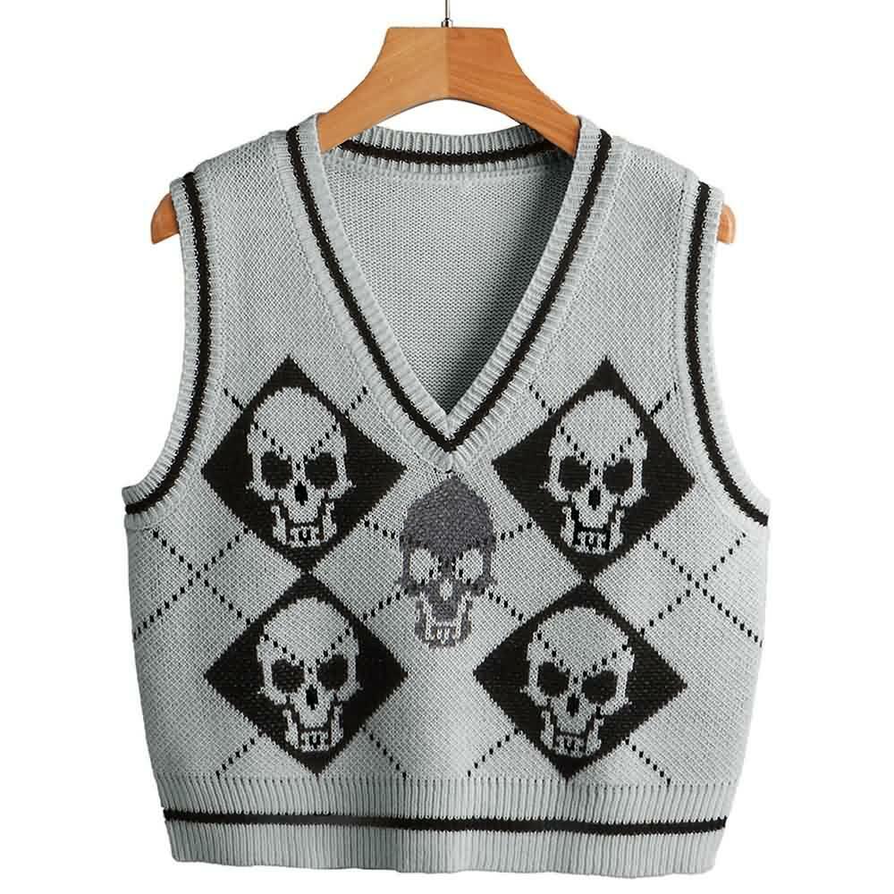 Y2K Gothic Skull Sweater Vest - Retro 90s Grunge Fashion, Perfect for Y2K Summer Outfits