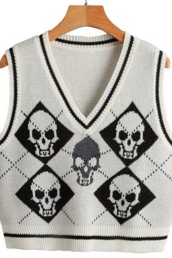 Y2K Gothic Skull Sweater Vest - Retro 90s Grunge Fashion, Perfect for Y2K Summer Outfits