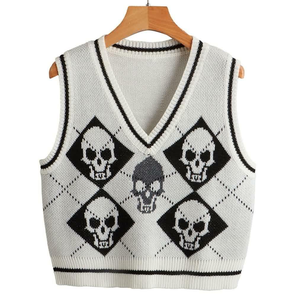 Y2K Gothic Skull Sweater Vest - Retro 90s Grunge Fashion, Perfect for Y2K Summer Outfits