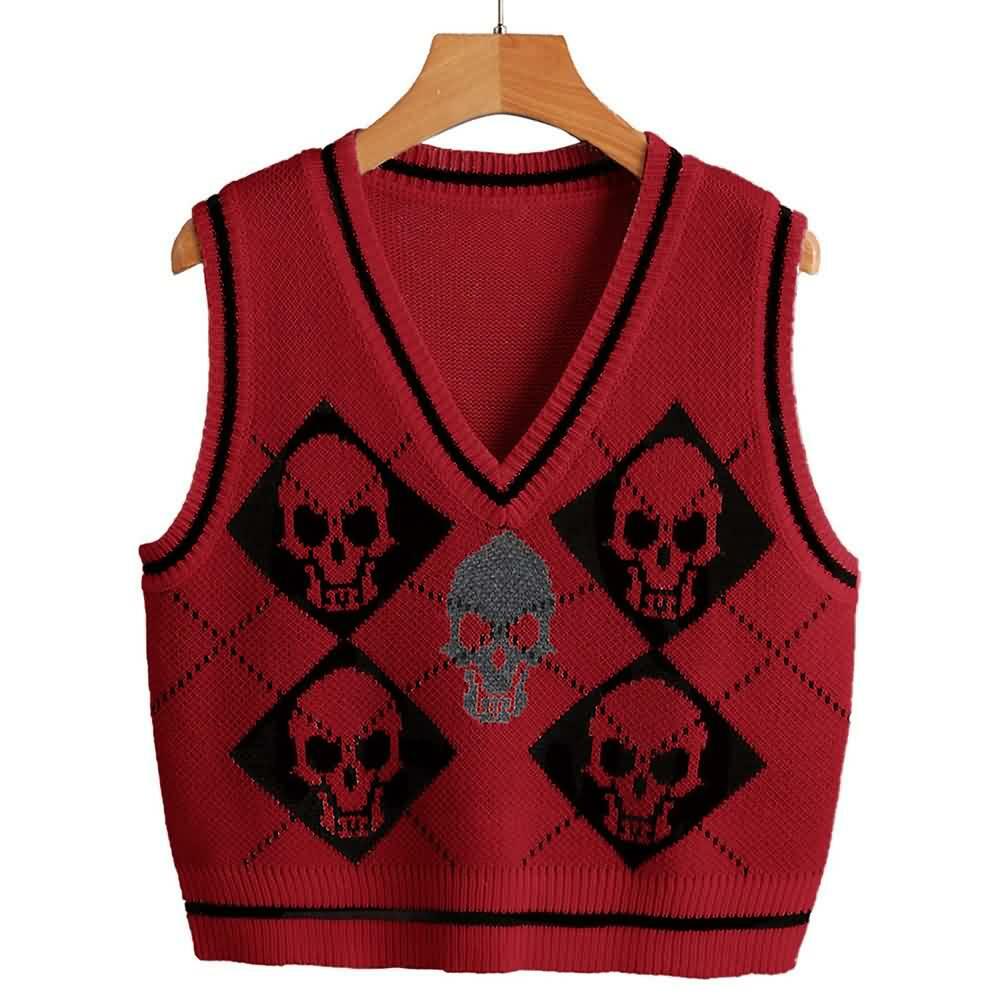 Y2K Gothic Skull Sweater Vest - Retro 90s Grunge Fashion, Perfect for Y2K Summer Outfits