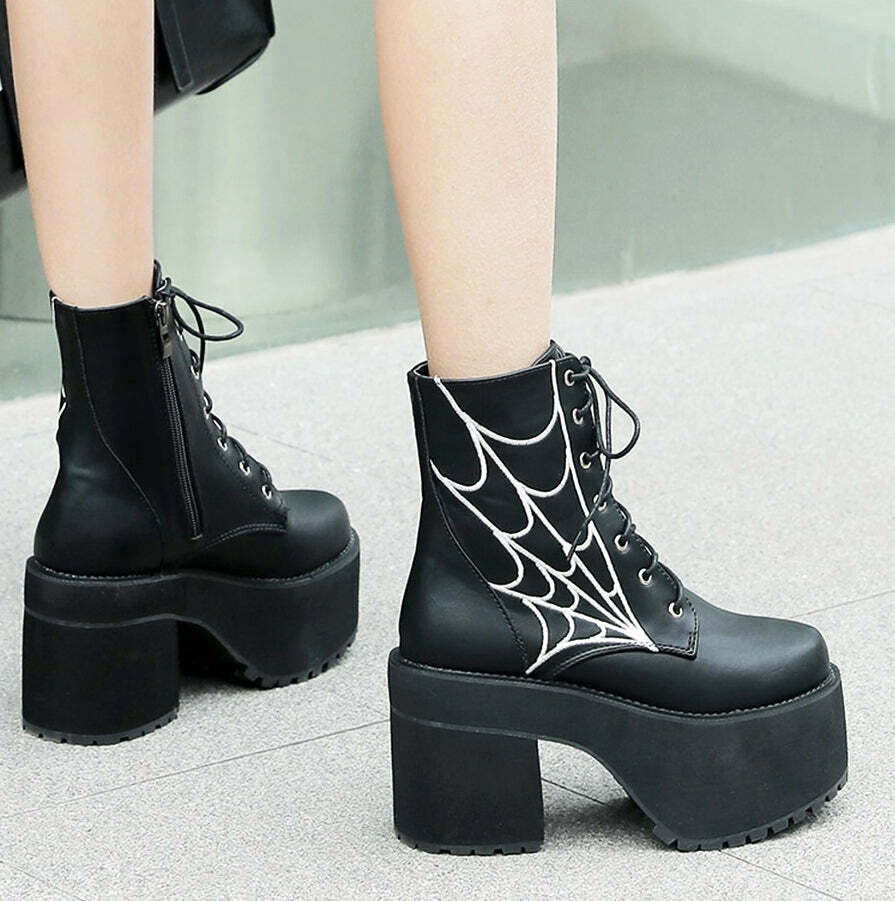 Y2K Gothic Spider Web Boots - Retro 90s Grunge, Pastel Goth, and Y2K Fashion Statement