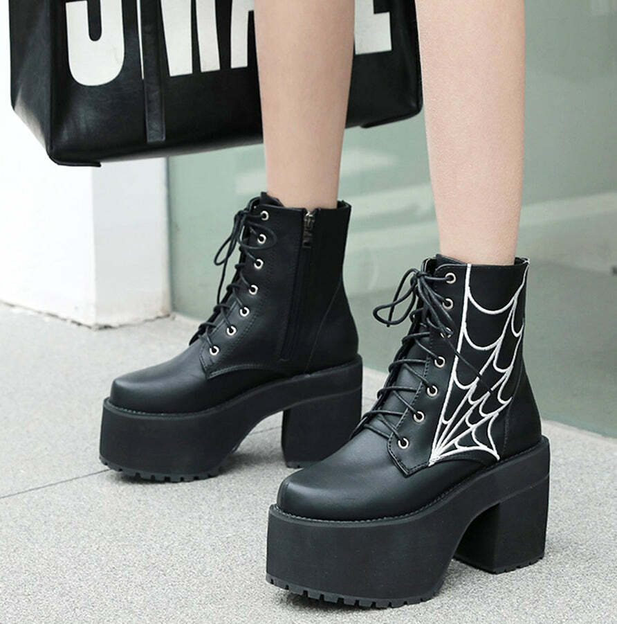 Y2K Gothic Spider Web Boots - Retro 90s Grunge, Pastel Goth, and Y2K Fashion Statement