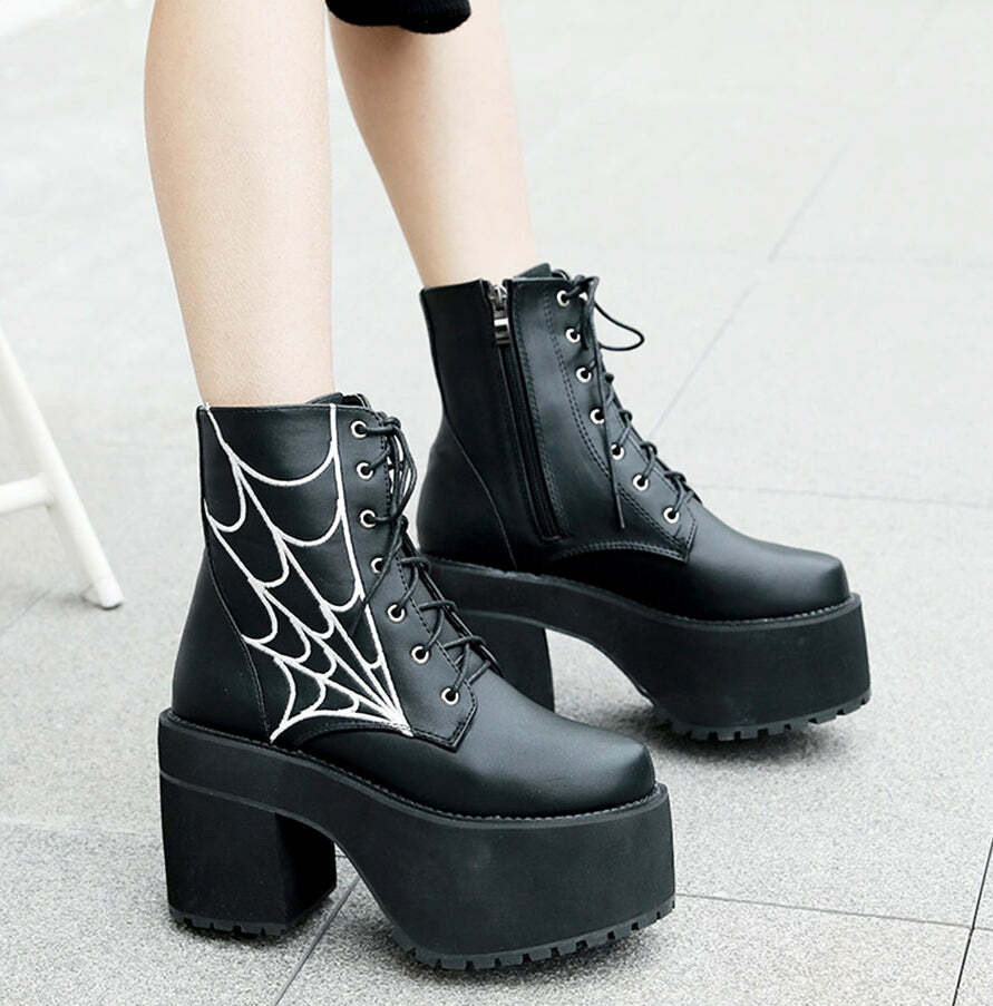 Y2K Gothic Spider Web Boots - Retro 90s Grunge, Pastel Goth, and Y2K Fashion Statement