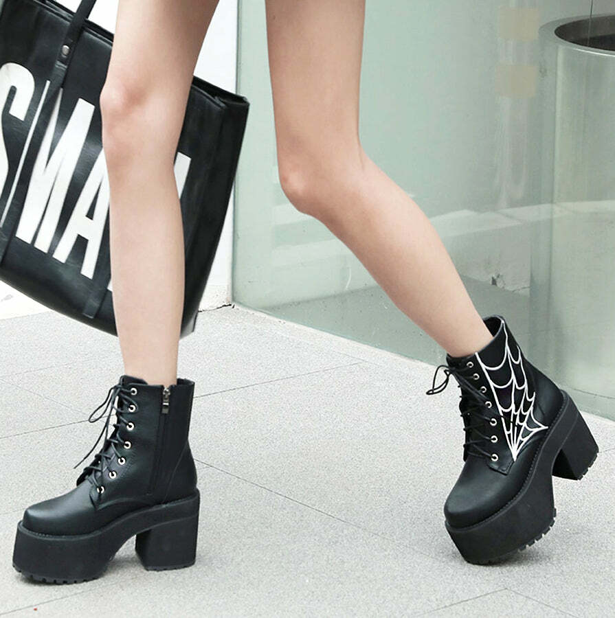Y2K Gothic Spider Web Boots - Retro 90s Grunge, Pastel Goth, and Y2K Fashion Statement