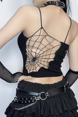 Y2K Gothic Spider Web Cut Out Crop Top - 90s Grunge, Retro, Pastel Goth, Y2K Party Outfit