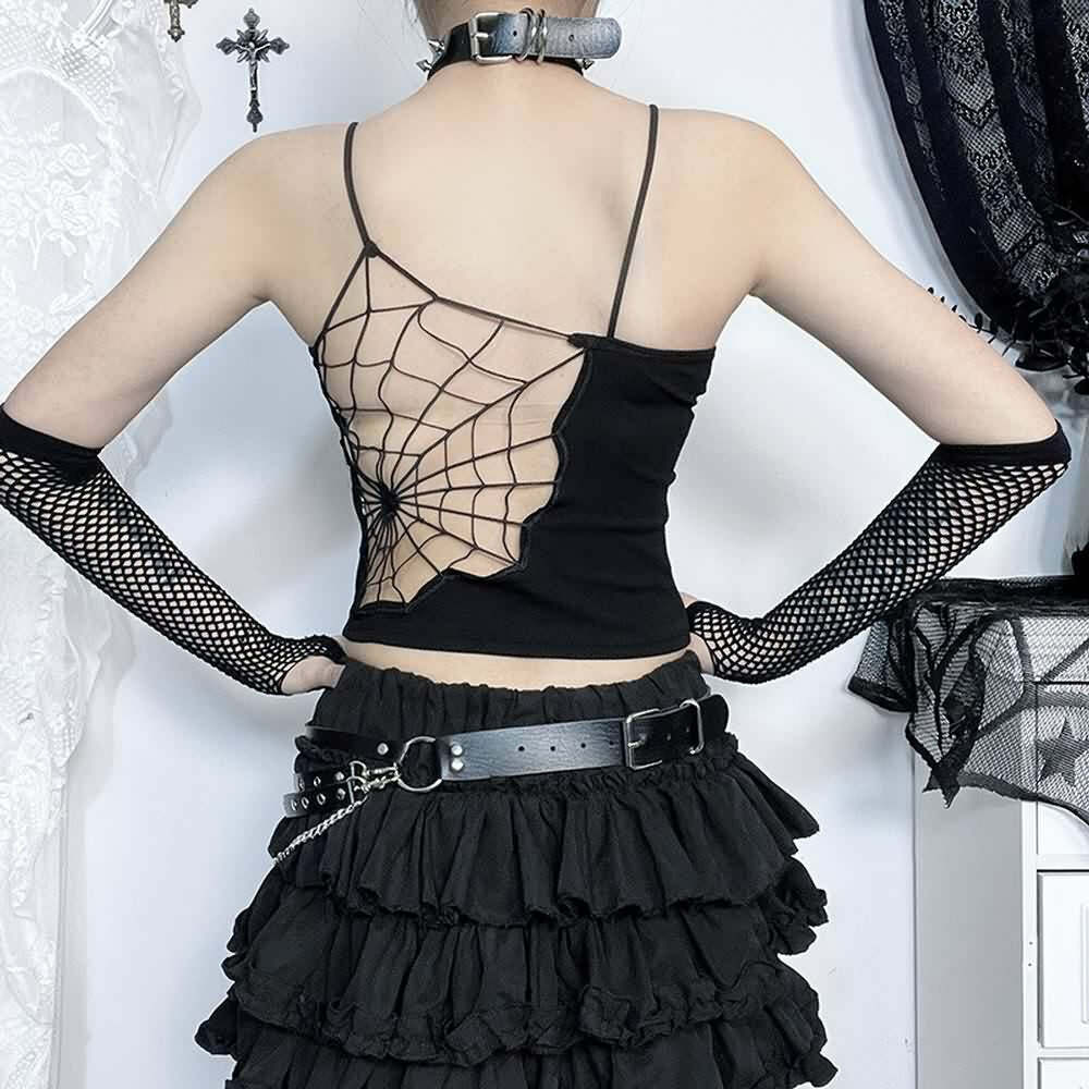 Y2K Gothic Spider Web Cut Out Crop Top - 90s Grunge, Retro, Pastel Goth, Y2K Party Outfit