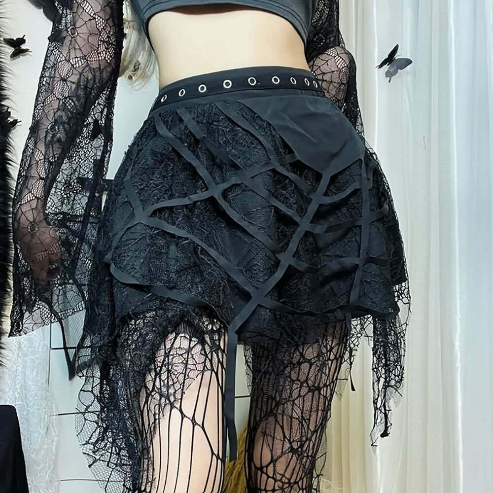 Y2K Gothic Spider Web Lace Mini Skirt - 90s Grunge, Retro, Pastel Goth, Y2K Summer Outfit