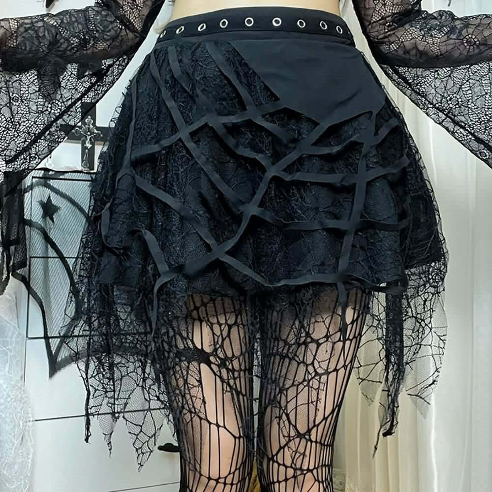 Y2K Gothic Spider Web Lace Mini Skirt - 90s Grunge, Retro, Pastel Goth, Y2K Summer Outfit