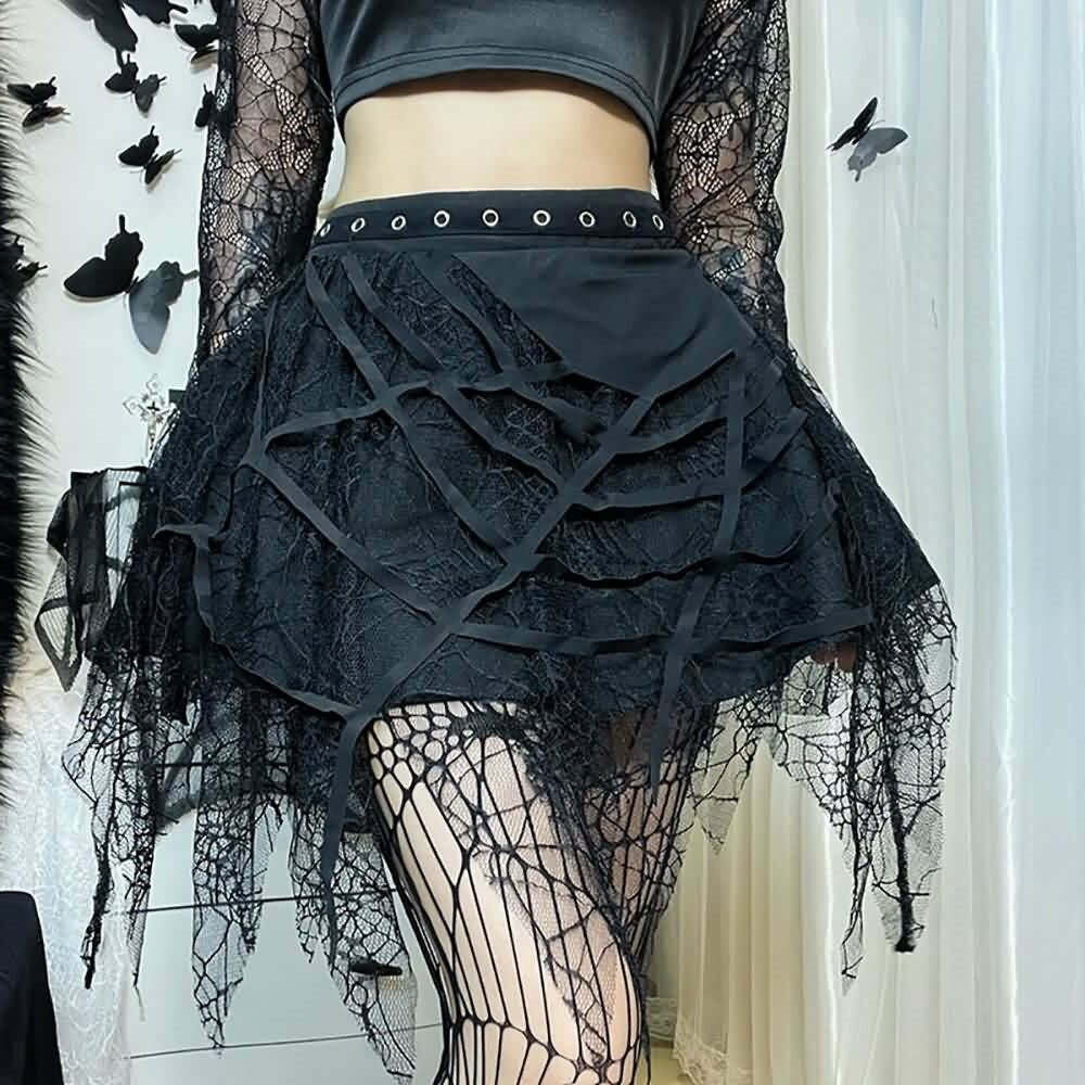Y2K Gothic Spider Web Lace Mini Skirt - 90s Grunge, Retro, Pastel Goth, Y2K Summer Outfit