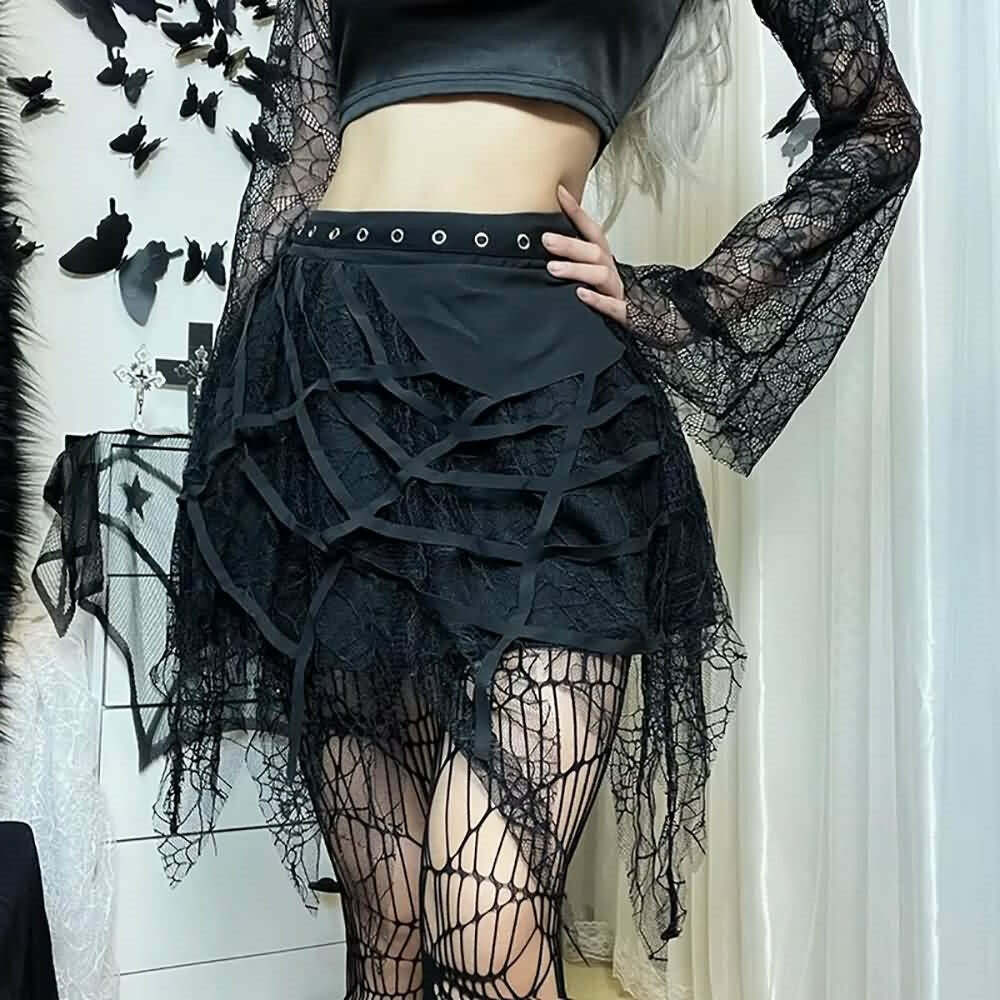 Y2K Gothic Spider Web Lace Mini Skirt - 90s Grunge, Retro, Pastel Goth, Y2K Summer Outfit