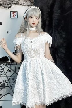 Y2K Gothic Spider Web Mesh Open Shoulder Lace Dress - Perfect for 90s Grunge and Summer Outfits