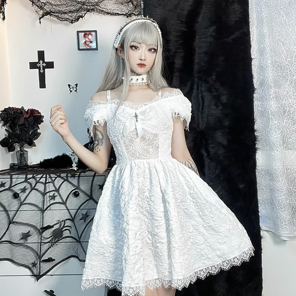 Y2K Gothic Spider Web Mesh Open Shoulder Lace Dress - Perfect for 90s Grunge and Summer Outfits