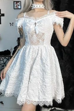 Y2K Gothic Spider Web Mesh Open Shoulder Lace Dress - Perfect for 90s Grunge and Summer Outfits