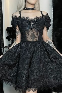 Y2K Gothic Spider Web Mesh Open Shoulder Lace Dress - Perfect for 90s Grunge and Summer Outfits