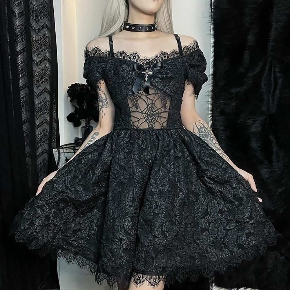 Y2K Gothic Spider Web Mesh Open Shoulder Lace Dress - Perfect for 90s Grunge and Summer Outfits