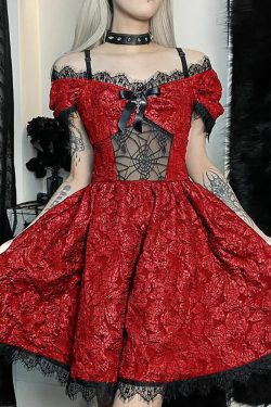 Y2K Gothic Spider Web Mesh Open Shoulder Lace Dress - Perfect for 90s Grunge and Summer Outfits