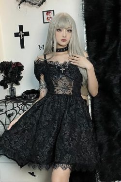 Y2K Gothic Spider Web Mesh Open Shoulder Lace Dress - Perfect for 90s Grunge and Summer Outfits