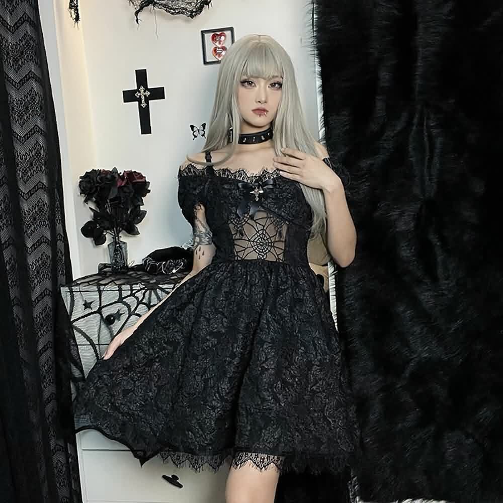Y2K Gothic Spider Web Mesh Open Shoulder Lace Dress - Perfect for 90s Grunge and Summer Outfits