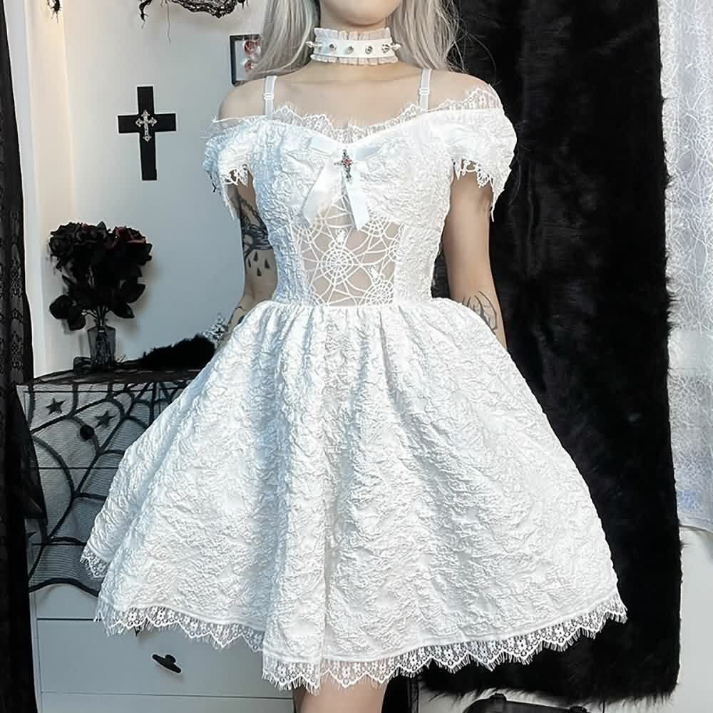 Y2K Gothic Spider Web Mesh Open Shoulder Lace Dress - Perfect for 90s Grunge and Summer Outfits