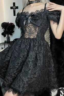 Y2K Gothic Spider Web Mesh Open Shoulder Lace Dress - Perfect for 90s Grunge and Summer Outfits