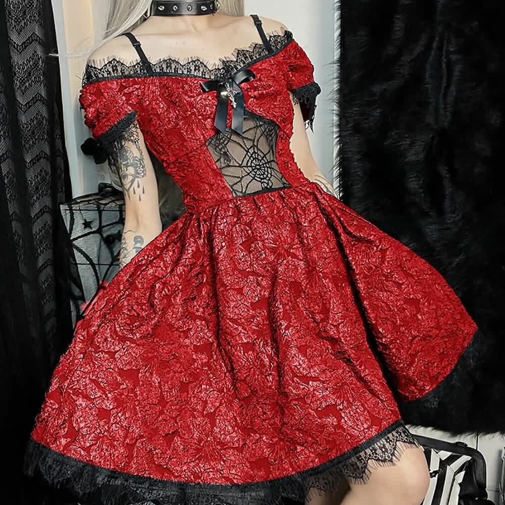Y2K Gothic Spider Web Mesh Open Shoulder Lace Dress - Perfect for 90s Grunge and Summer Outfits