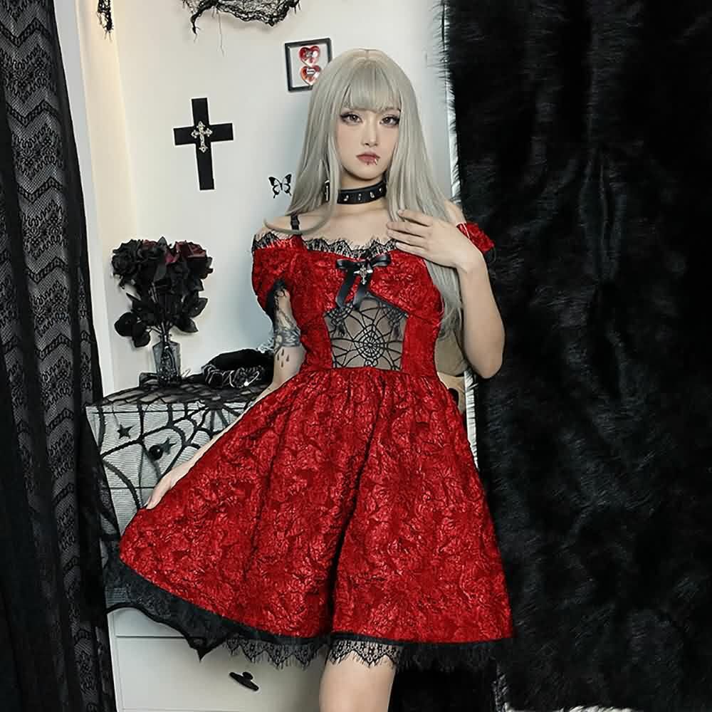 Y2K Gothic Spider Web Mesh Open Shoulder Lace Dress - Perfect for 90s Grunge and Summer Outfits