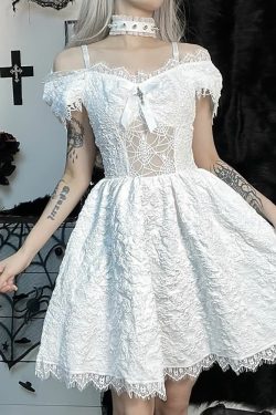 Y2K Gothic Spider Web Mesh Open Shoulder Lace Dress - Perfect for 90s Grunge and Summer Outfits