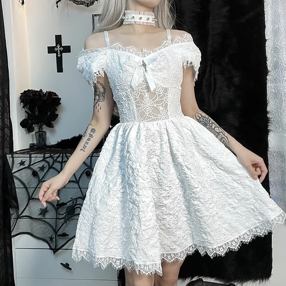 Y2K Gothic Spider Web Mesh Open Shoulder Lace Dress - Perfect for 90s Grunge and Summer Outfits