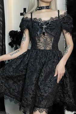 Y2K Gothic Spider Web Mesh Open Shoulder Lace Dress - Perfect for 90s Grunge and Summer Outfits