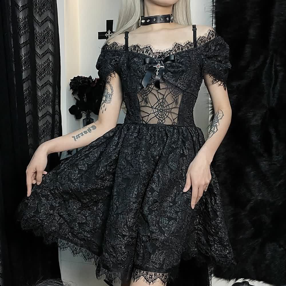 Y2K Gothic Spider Web Mesh Open Shoulder Lace Dress - Perfect for 90s Grunge and Summer Outfits