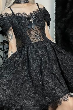 Y2K Gothic Spider Web Mesh Open Shoulder Lace Dress - Perfect for 90s Grunge and Summer Outfits