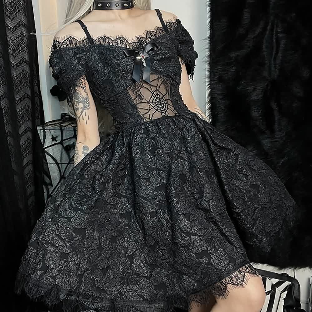 Y2K Gothic Spider Web Mesh Open Shoulder Lace Dress - Perfect for 90s Grunge and Summer Outfits