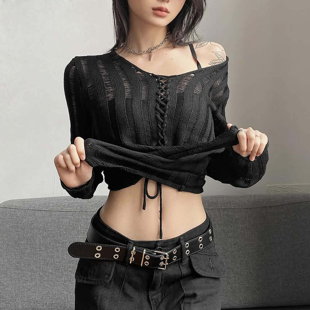 Y2K Gothic Split Hem Distressed Cardigan - 90s Grunge, Retro, Pastel Goth, Y2K Summer Outfits