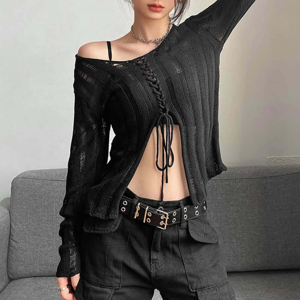 Y2K Gothic Split Hem Distressed Cardigan - 90s Grunge, Retro, Pastel Goth, Y2K Summer Outfits
