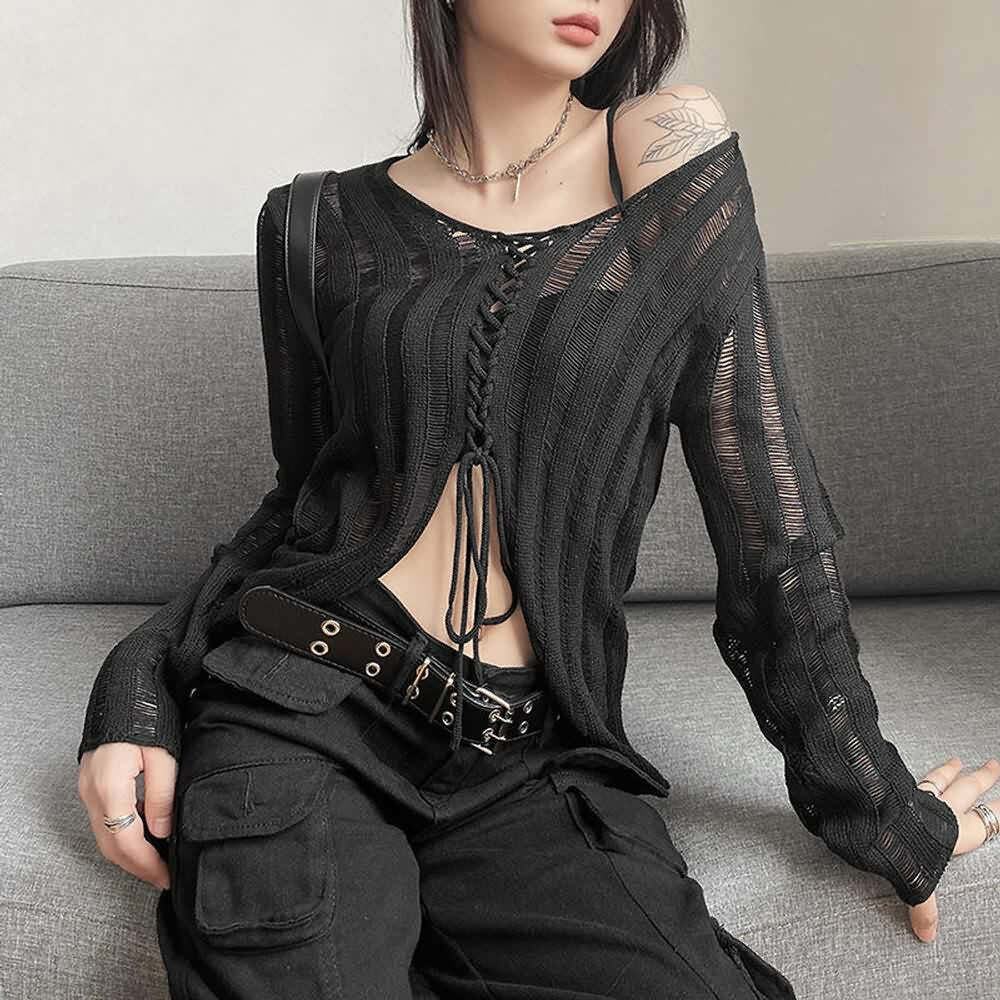 Y2K Gothic Split Hem Distressed Cardigan - 90s Grunge, Retro, Pastel Goth, Y2K Summer Outfits