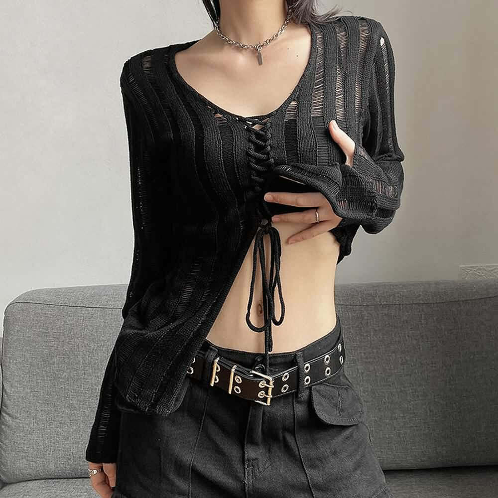 Y2K Gothic Split Hem Distressed Cardigan - 90s Grunge, Retro, Pastel Goth, Y2K Summer Outfits