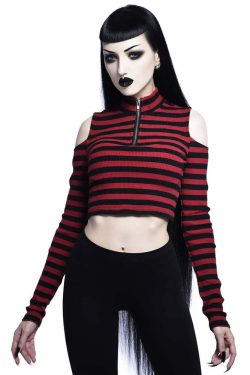 Y2K Gothic Stripe Cold Shoulder Long Sleeve Top - Retro 90s Grunge Fashion for Women
